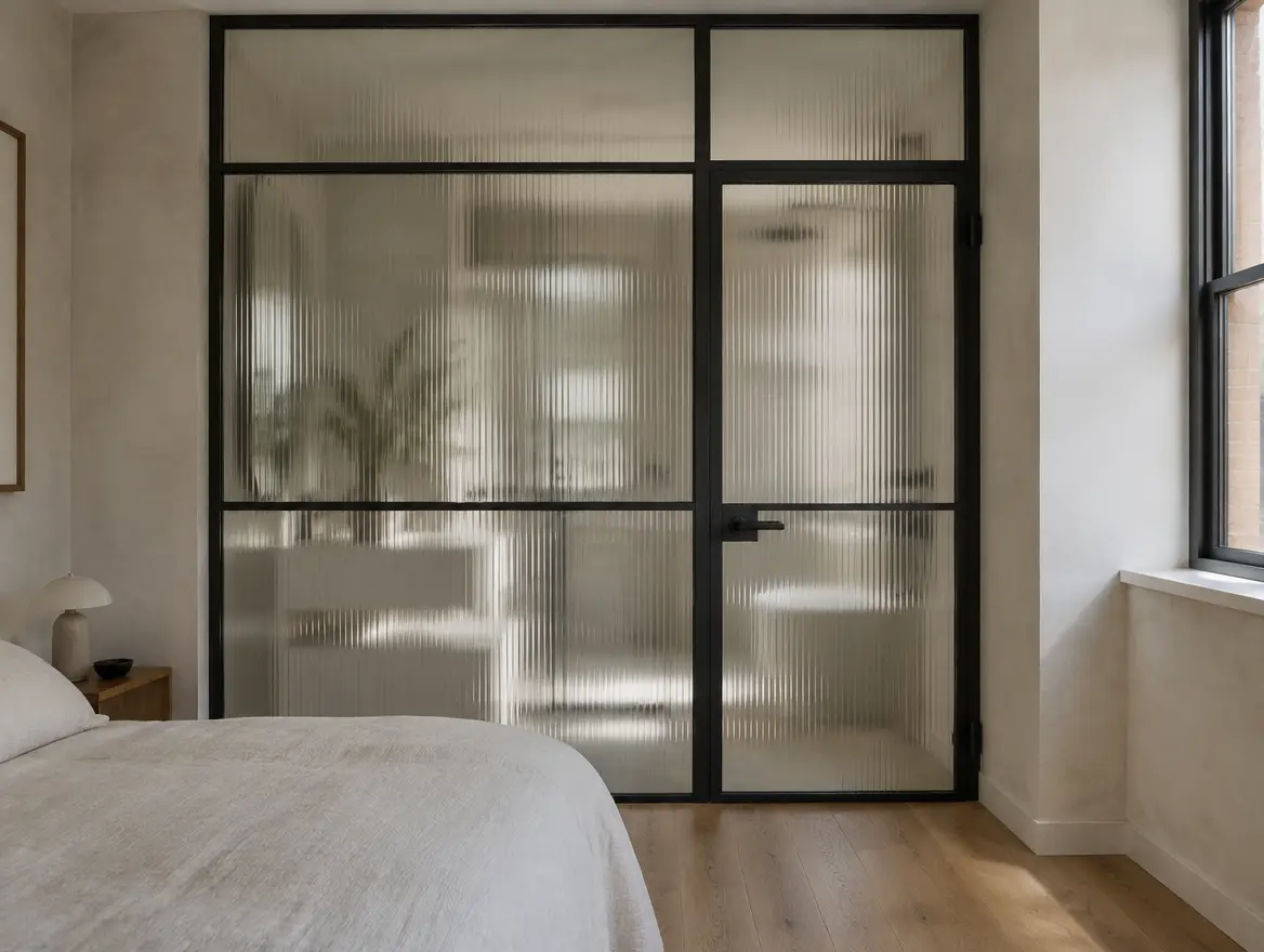 Illustrative image of a reeded and fluted glass Crittall-style screen